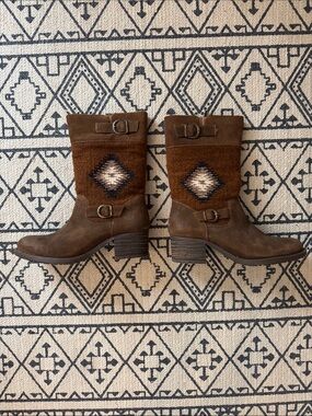 Born Brown Suede Mid-Calf Boots with Knit Diamond Panel 11